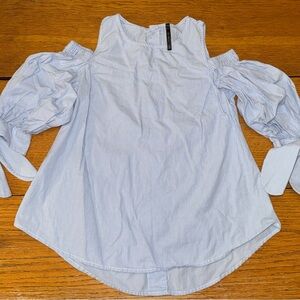 IC by Connie K Blue/White striped Cold Shoulder Top 3/4 Sleeves w/ Bow Tie Cuffs